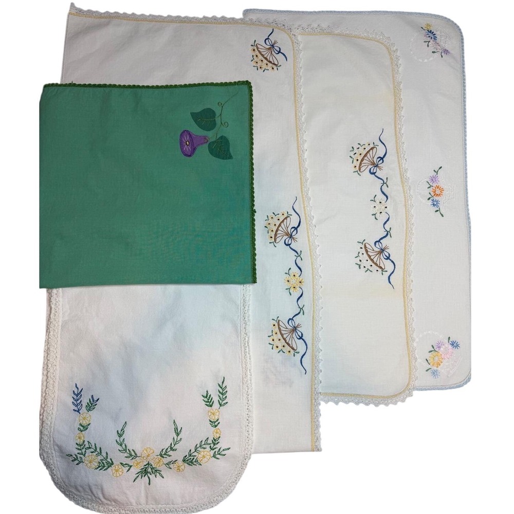 Vintage Embroidered Linens Lot 5 Dresser Shawls Runner Floral Morning Glory Lace